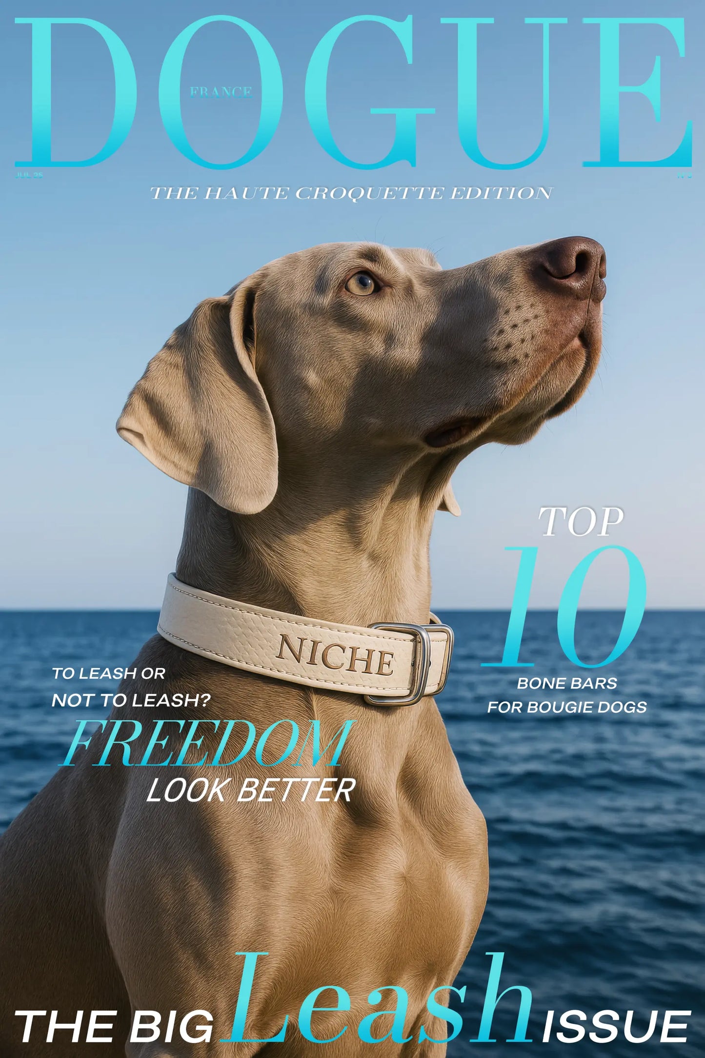 Elegant Weimaraner by the sea wearing NICHE collar, premium dog wall art