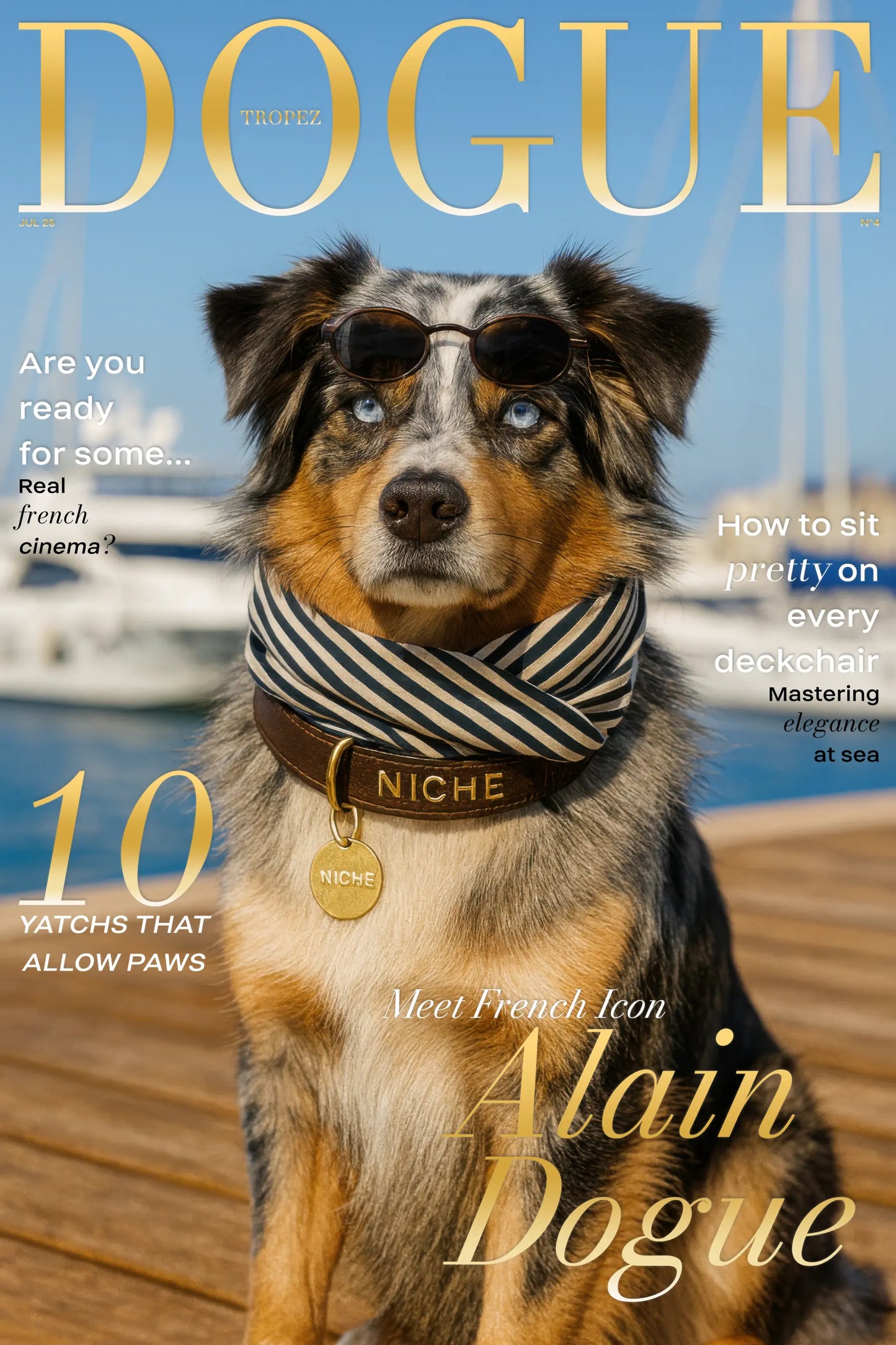 Australian Shepherd with striped scarf and sunglasses, luxury Saint-Tropez dog poster