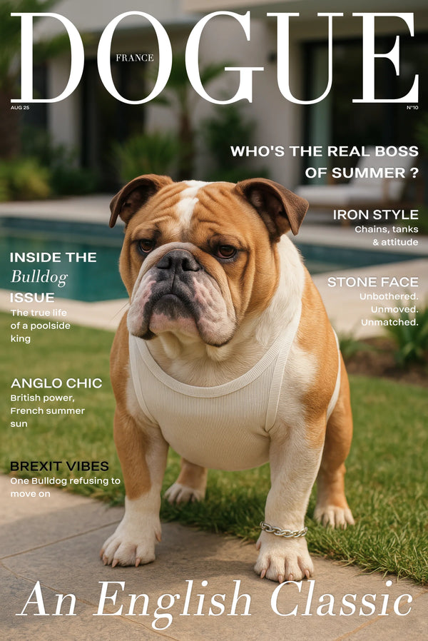 English Bulldog in cream tank and silver chain by pool, An English Classic dog poster