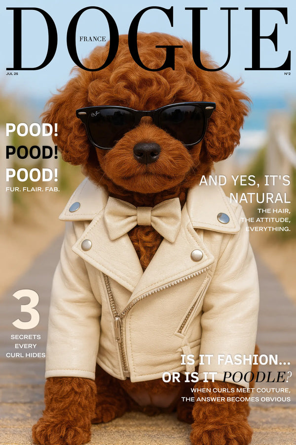 Red Poodle in cream jacket and sunglasses, luxury editorial dog art