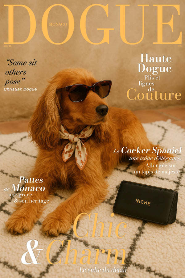 Cocker doré allongé sur tapis, foulard de soie et pochette NICHE, affiche élégante