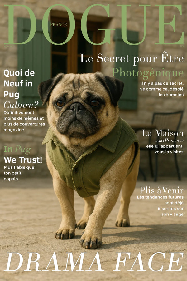 Carlin en chemise verte dans cour provençale, affiche canine humoristique de luxe