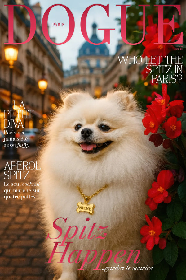 Spitz blanc souriant à Paris avec médaille dorée NICHE, affiche canine parisienne