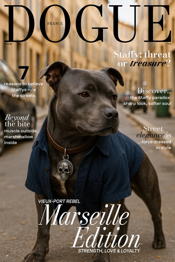 Staffordshire Bull Terrier in navy shirt and skull pendant, Marseille street dog art
